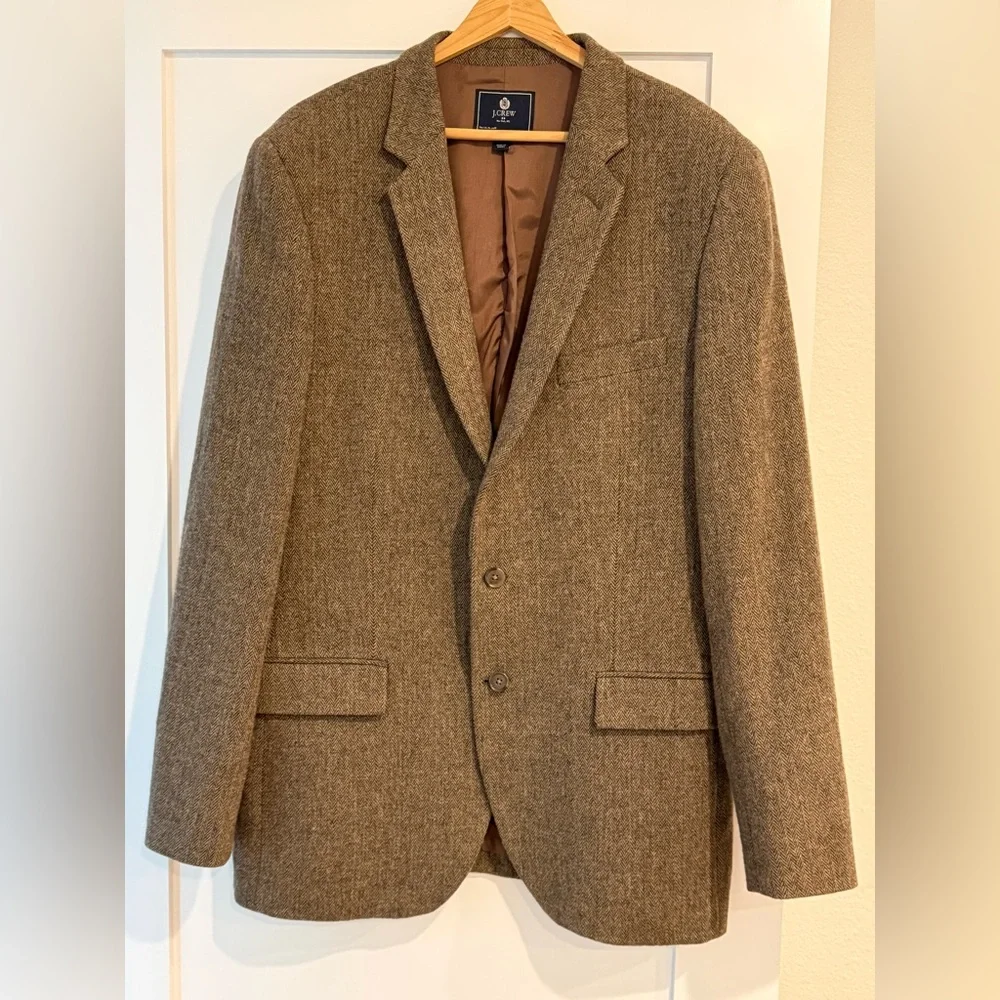 J.Crew Ludlow Wool Yorkshire Tweed Blazer Jacket Men Size 44L Brown Herringbone